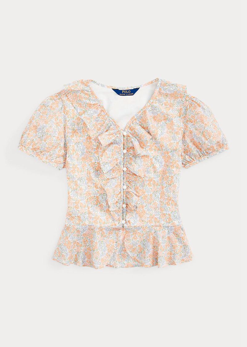 Top Ralph Lauren Niña 7-14 Años Floral Ruffled Cotton Batiste Peplum Chile Beige VATSZ-3867